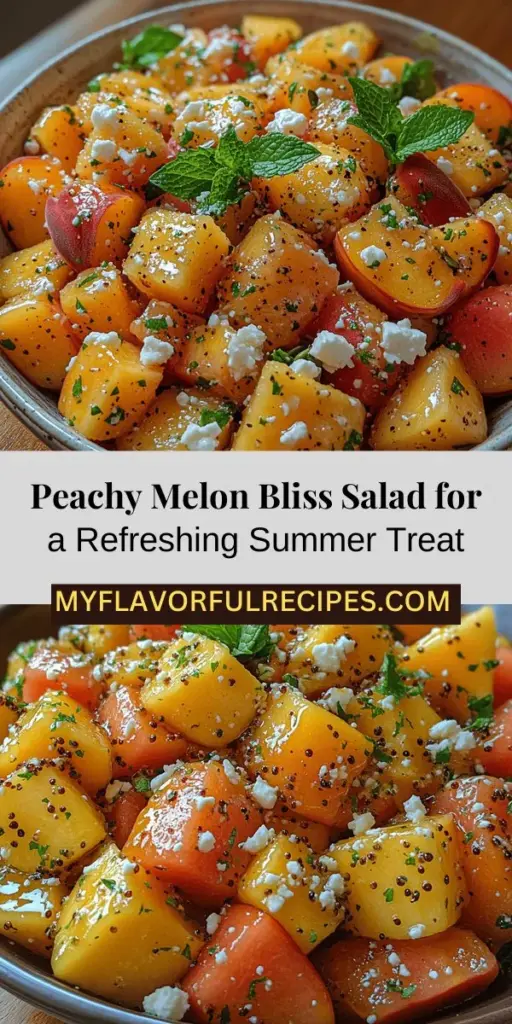 Experience the flavors of summer with the Peachy Melon Bliss Salad, a refreshing dish that combines juicy peaches, hydrating watermelon, creamy feta cheese, and fresh mint. This vibrant salad is not only a feast for the eyes but also a nutritious option packed with vitamins and minerals. Perfect as a light lunch, a side for barbecues, or even a sweet dessert, this salad celebrates summer's bounty and encourages healthy eating in a deliciously fun way. Enjoy the balance of sweet and tangy flavors with each delightful bite!