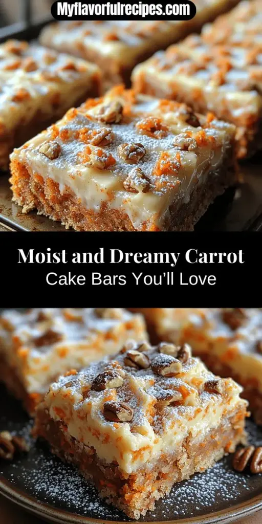 Discover the ultimate indulgence with these moist and dreamy carrot cake bars, a perfect fusion of flavor and convenience. Made with wholesome ingredients like grated carrots, warm spices, and a hint of vanilla, these bars deliver that classic carrot cake taste in a portable form. Ideal for parties or afternoon snacks, they can be enjoyed plain or drizzled with cream cheese frosting. Elevate your baking game and treat yourself with this delightful recipe!