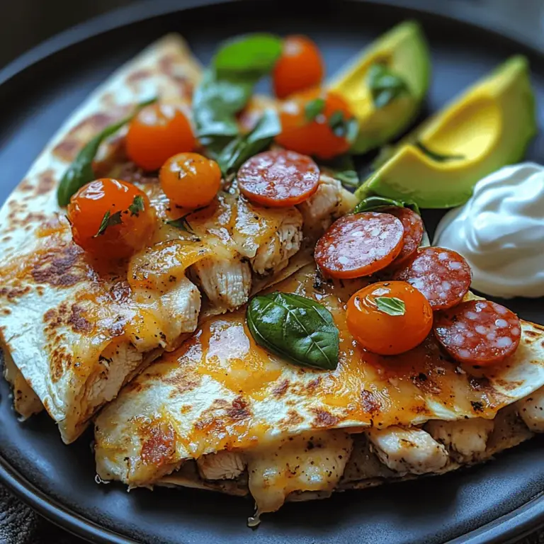 If you’re looking for a quick meal that doesn't compromise on flavor, the Basil Ranch Chicken and Salami Quesadilla with Avocado is your answer. This dish harmoniously combines the aromatic essence of fresh basil, the tangy notes of ranch seasoning, succulent chicken, and savory salami, all wrapped in a warm tortilla and complemented by the creamy richness of avocado. It’s a culinary creation that caters to both busy weeknights and leisurely gatherings, making it an ideal choice for family dinners or casual get-togethers.