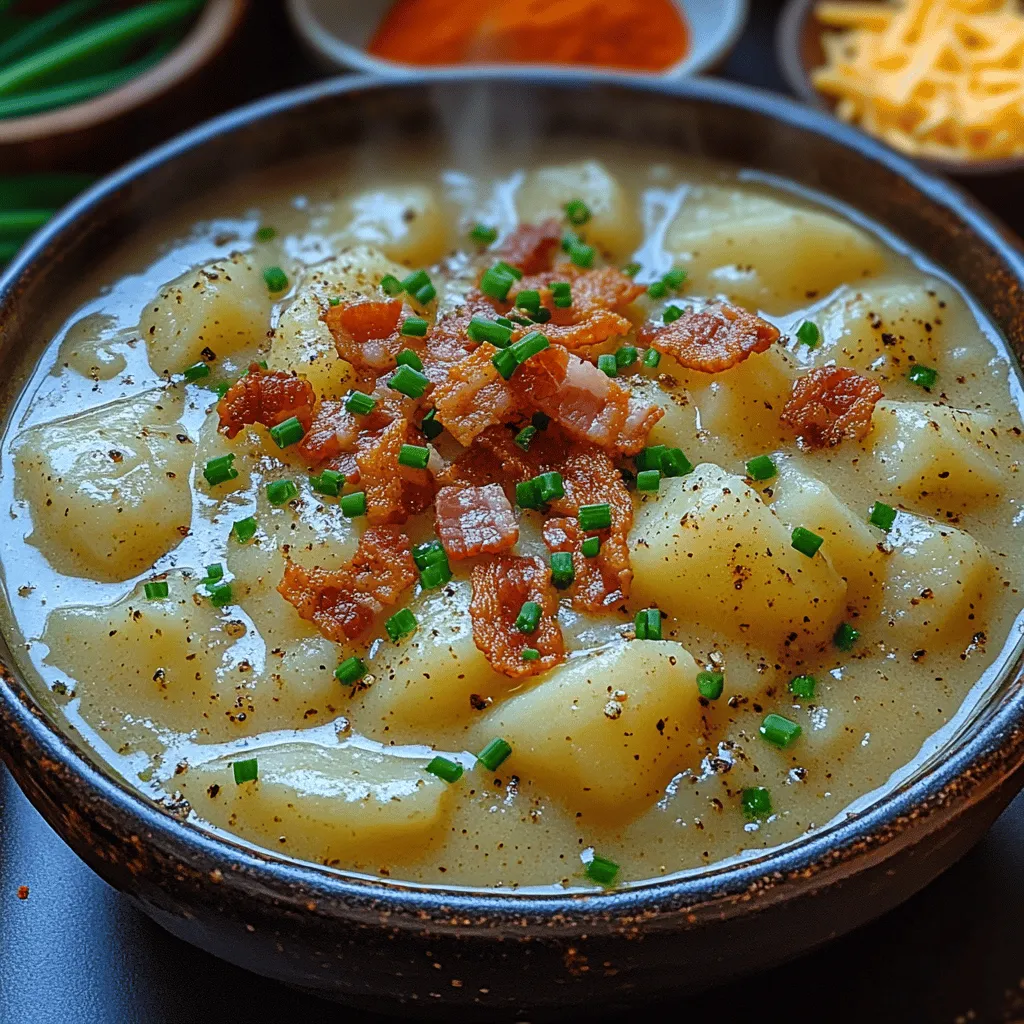 When the temperature starts to drop and the days grow shorter, there's nothing quite like a warm bowl of soup to provide comfort and solace. Enter the <strong>Cozy Potato Bacon Bliss Soup</strong>—a delightful blend of hearty potatoes, rich bacon, and creamy goodness that is sure to become a staple in your household. This recipe is a treasure trove of flavors that meld beautifully, creating a dish that is both satisfying and nourishing. Whether you’re curling up on the couch with a good book or gathering around the table with loved ones, this soup is perfect for chilly days when you need a little extra warmth.” /></p>
</p>
<p><strong>Cooking the Bacon</strong></p>
</p>
<p>To achieve the perfect crispiness in your bacon for the Cozy Potato Bacon Bliss Soup, start by selecting high-quality, thick-cut bacon. Thick cuts not only provide a robust flavor but also hold up better during cooking. Begin by slicing the bacon into small pieces or strips, depending on your preference.</p>
</p>
<p>Heat a large, heavy-bottomed pot over medium heat. Once the pot is warm, add the bacon pieces, ensuring they are spread out evenly to avoid steaming. Allow the bacon to cook undisturbed for a few minutes until it begins to brown. Stir occasionally to ensure even cooking, and let it render its fat slowly. This process will take about 8-10 minutes.</p>
</p>
<p>One key tip for achieving that perfect crispiness is to avoid overcrowding the pan; cook the bacon in batches if necessary. If you’re aiming for ultimate flavor, consider adding a pinch of black pepper or smoked paprika to the pan while the bacon cooks. Once the bacon is crispy, use a slotted spoon to transfer it to a paper towel-lined plate, allowing excess grease to drain off. Reserve a tablespoon of the bacon fat in the pot to sauté the vegetables, as it will add depth to the soup.</p>
</p>
<p><strong>Sautéing the Vegetables</strong></p>
</p>
<p>The next step in creating a deeply flavorful Cozy Potato Bacon Bliss Soup is sautéing the onions and garlic. These two ingredients serve as the aromatic base for the dish. After removing the bacon, keep the pot on medium heat and add the reserved bacon fat or a splash of olive oil if you prefer.</p>
</p>
<p>Add the chopped onions to the pot first, as they require a bit more time to cook down. Sauté the onions for about 5 minutes, stirring frequently, until they become translucent and fragrant. The natural sugars in the onions will caramelize slightly, contributing to the soup’s sweetness.</p>
</p>
<p>Next, add the minced garlic and sauté for an additional 1-2 minutes. Garlic can burn quickly, so keep a close eye on it; you want it to become fragrant without turning brown. This careful cooking process helps develop the foundational flavors of the soup, making it rich and savory.</p>
</p>
<p><strong>Simmering the Potatoes</strong></p>
</p>
<p>Once your onions and garlic are beautifully sautéed, it’s time to add the main ingredient: the potatoes. For this recipe, use a mix of starchy potatoes, such as Russets, and waxy potatoes, like Yukon Golds. This combination provides both a creamy texture and structure in the soup. Peel and cube the potatoes into uniform pieces, ensuring they cook evenly.</p>
</p>
<p>Add the potatoes to the pot along with chicken or vegetable broth, depending on your preference. Make sure the potatoes are fully submerged in the liquid. Bring the mixture to a boil, then reduce the heat to a gentle simmer. Cover the pot and allow the potatoes to cook for about 15-20 minutes.</p>
</p>
<p>To check for doneness, pierce a potato cube with a fork; it should easily break apart when cooked. This simmering process allows the flavors to meld together beautifully, resulting in a comforting base for the soup.</p>
</p>
<p><strong>Blending Techniques</strong></p>
</p>
<p>Achieving the desired texture for your Cozy Potato Bacon Bliss Soup is crucial. For a creamy finish, you have a couple of options. If you prefer a smooth, velvety soup, an immersion blender is your best bet. It’s convenient and minimizes the mess, allowing you to blend the soup directly in the pot. Blend until you reach your desired consistency, whether that’s completely smooth or slightly chunky for added texture.</p>
</p>
<p>If you don’t have an immersion blender, carefully transfer batches of the soup to a countertop blender. Always allow hot liquids to cool slightly before blending, and be sure to vent the lid to prevent pressure buildup. Blend in small batches for safety, and then return the mixture to the pot.</p>
</p>
<p>If you like a heartier soup with chunks of potatoes, you can blend only half of the mixture and leave the rest intact for a more rustic feel. This combination of textures will enhance the overall dining experience.</p>
</p>
<p><strong>Incorporating Cream</strong></p>
</p>
<p>To finish your soup, it’s time to add the cream. Heavy cream or half-and-half works beautifully for a rich, indulgent flavor. However, to maintain the creaminess without curdling, ensure the soup is not boiling when you add the cream. Instead, lower the heat to a gentle simmer.</p>
</p>
<p>Gradually pour in the cream while stirring continuously. This method helps incorporate the cream without shocking it with temperature changes, ensuring a smooth and creamy texture throughout the soup. Taste and adjust seasoning with salt and pepper as needed, and don’t forget to stir in the crispy bacon pieces you set aside earlier, allowing their flavor to blend into the soup.</p>
</p>
<p><strong>Serving Suggestions and Pairings</strong></p>
</p>
<p>When it comes to serving your Cozy Potato Bacon Bliss Soup, presentation can elevate the experience. Ladle the soup into warm bowls, and consider garnishing with freshly chopped chives or parsley for a pop of color and freshness. A sprinkle of crispy bacon bits on top can also enhance the visual appeal and add extra flavor.</p>
</p>
<p>For side dishes, crusty bread is an excellent accompaniment. A rustic baguette, sourdough, or homemade croutons can provide a satisfying crunch that contrasts beautifully with the creamy soup. If you’re looking for something lighter, a simple mixed greens salad with a tangy vinaigrette can balance the richness of the soup and add a refreshing element to the meal.</p>
</p>
<p>When it comes to beverage pairings, a crisp white wine, such as Sauvignon Blanc, complements the flavors well. Alternatively, for a non-alcoholic option, consider serving sparkling water with a wedge of lemon to cleanse the palate between bites.</p>
</p>
<p><strong>Nutritional Information</strong></p>
</p>
<p>The Cozy Potato Bacon Bliss Soup is not only delicious but also offers a balance of nutritional elements. A standard serving provides approximately 320 calories, with 15 grams of fat, 40 grams of carbohydrates, and 6 grams of protein. The combination of potatoes and cream contributes to the carbohydrate and fat content, while the bacon adds protein and flavor.</p>
</p>
<p>For those conscious of dietary preferences, there are modifications you can explore. To make a vegetarian version, substitute the bacon with smoked paprika and add sautéed mushrooms for an umami punch. You can also replace the heavy cream with coconut milk or a dairy-free alternative to cater to lactose intolerance. This versatility ensures everyone can enjoy this comforting soup.</p>
</p>
<p><strong>Why This Recipe Stands Out</strong></p>
</p>
<p>What makes Cozy Potato Bacon Bliss Soup unique compared to other potato soups is its harmonious blend of flavors and textures. The smoky, savory notes from the bacon meld beautifully with the creamy, rich potato base. Unlike typical potato soups that can be overly starchy, this recipe balances richness with a hint of sweetness from the caramelized onions and garlic.</p>
</p>
<p>The personal touch of this recipe often comes from family traditions; many home cooks have passed down variations of potato soup, making it a beloved comfort food. It’s a dish that evokes warmth and nostalgia, perfect for chilly evenings or family gatherings. Each bowl tells a story, inviting loved ones to gather around the table and share in the joy of good food and good company.</p>
</p>
<p><strong>Conclusion</strong></p>
</p>
<p>In summary, Cozy Potato Bacon Bliss Soup is more than just a dish—it’s a heartwarming experience. The combination of simple, everyday ingredients transforms into a delightful masterpiece that brings comfort and satisfaction. This recipe’s ease of preparation, coupled with its rich flavors, makes it an ideal choice for both novice cooks and seasoned chefs alike.</p>
</p>
<p>As you enjoy this soup, take a moment to appreciate the joy of cooking and the warmth of sharing a meal with those you hold dear. Whether you’re making it for a cozy night in or a special gathering, this soup is bound to become a staple in your kitchen, bringing people together with every delicious spoonful.</p>
</div>