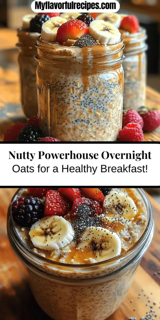 Start your day the right way with Nutty Powerhouse Overnight Oats! This nutritious breakfast option combines rolled oats, almond milk, Greek yogurt, chia seeds, and nut butter for a delicious and energizing meal that’s ready when you are. Perfect for busy mornings, these oats are customizable with your favorite fruits and toppings, ensuring you begin your day with a satisfying and healthy kick. Discover the ease of preparing an oatmeal delight that fuels your body and delights your taste buds!