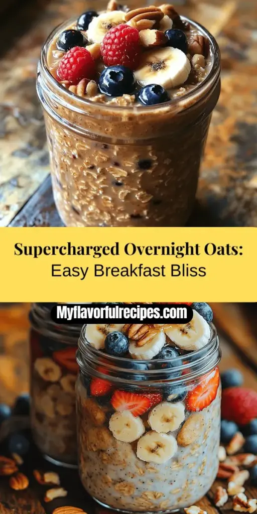 Discover the ultimate way to kickstart your mornings with Supercharged Overnight Oats! This easy recipe allows you to prepare a nutritious breakfast in advance, combining rolled oats with delicious ingredients like almond milk, Greek yogurt, bananas, and chia seeds. Packed with fiber, protein, and healthy fats, these oats offer a creamy texture and endless customization options to suit any dietary preference. Perfect for busy days, just grab and go for a wholesome meal!