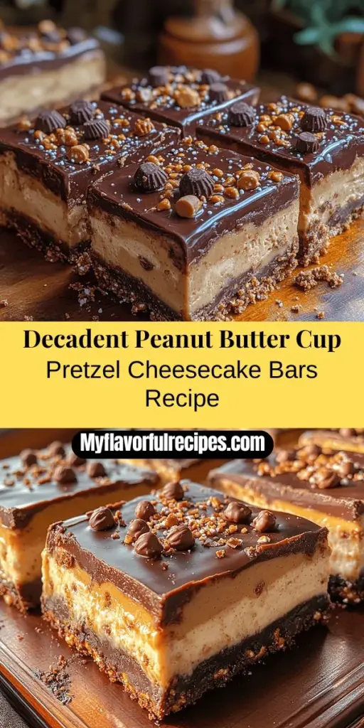 Discover the ultimate dessert with this Peanut Butter Cup Pretzel Cheesecake Bars recipe! This indulgent treat combines creamy cheesecake, crunchy pretzel crust, and rich chocolate topping for a truly irresistible flavor experience. Perfect for gatherings or satisfying your sweet tooth at home, these bars are easy to make and serve. Get ready to impress friends and family with a dessert that's both decadent and delightful! Enjoy the creamy, peanut-buttery goodness today!