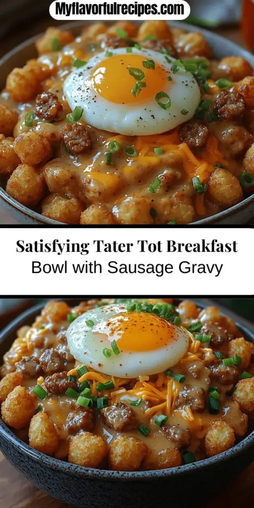 Wake up to a hearty Tater Tot Breakfast Bowl with Sausage Gravy that combines crispy tater tots, savory sausage gravy, fluffy scrambled eggs, and melted cheddar cheese for the ultimate comfort meal. Perfect for busy mornings or leisurely brunches, this dish is customizable to suit your taste or dietary needs. With its delightful textures and rich flavors, it's sure to become a favorite at your breakfast table. Try this indulgent recipe and enjoy a satisfying start to your day!