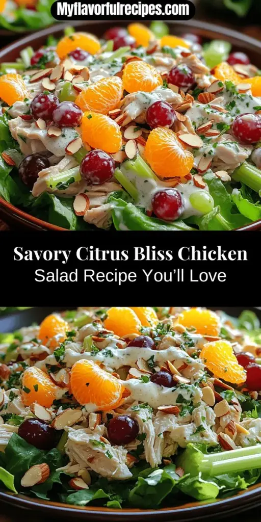 Dive into the delightful world of Savory Citrus Bliss Chicken Salad, a vibrant and nutritious meal that's perfect for any occasion. This salad combines tender chicken, refreshing citrus, crunchy celery, and sweet red grapes, all beautifully dressed in a creamy Greek yogurt dressing. Enjoy the health benefits of protein, vitamins, and healthy fats while indulging in a burst of flavors. It's not just a salad; it's a celebration of taste and wellness! Perfect for lunches, picnics, or light dinners, this dish will impress your family and friends. Explore easy preparation steps and serving suggestions to make this delicious salad a staple in your kitchen.