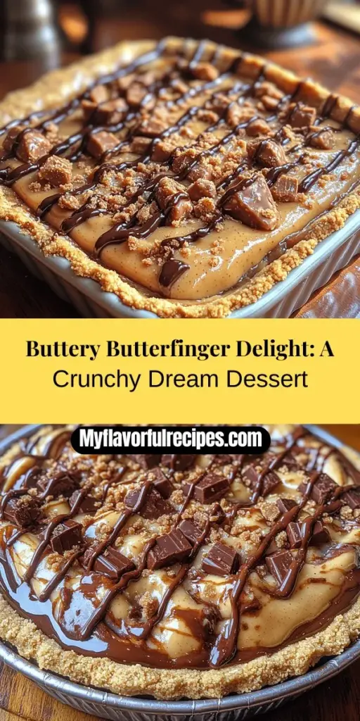 Discover the ultimate indulgence with the Buttery & Crunchy Butterfinger Delight! This easy-to-make dessert blends creamy peanut butter, whipped topping, and crushed Butterfinger candy bars for a delightful treat that’s perfect for any occasion. With its irresistible flavors and textures, this dessert brings a gourmet twist to beloved childhood favorites. Gather your ingredients and create a show-stopping centerpiece that will wow your family and friends at your next gathering!