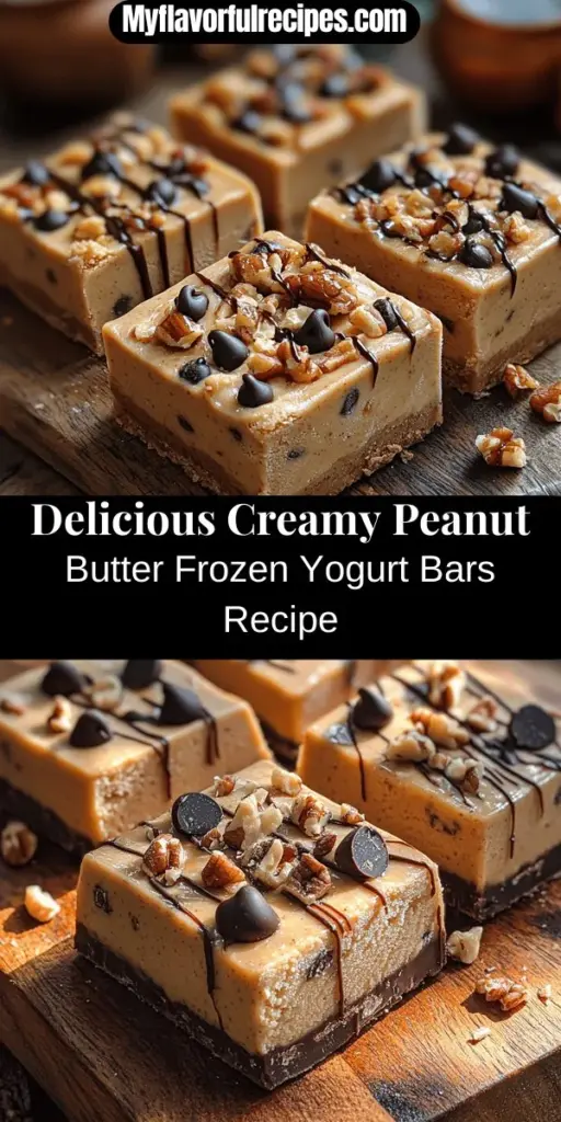 Indulge in a healthier treat with these Creamy Peanut Butter Frozen Yogurt Bars! Packed with protein-rich Greek yogurt and heart-healthy peanut butter, these bars are a delicious alternative to traditional ice cream. Easy to make, they can be customized with your favorite mix-ins like nuts or chocolate chips. Perfect for satisfying sweet cravings without the guilt, these bars are a delightful snack for warm days or any time you need a tasty pick-me-up. Enjoy this simple recipe and treat your taste buds!