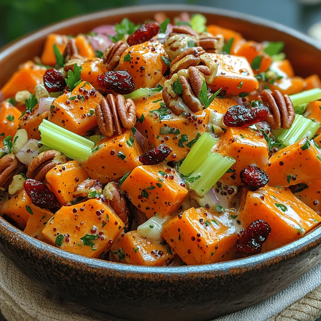 Once your sweet potatoes are perfectly cooked and cooled, it's time to bring the Creamy Sweet Potato Salad Delight together. The key here is to <strong>gently fold</strong> the ingredients rather than stirring vigorously. This method will help maintain the integrity of the sweet potatoes, ensuring they remain chunky and delightful rather than turning into a mushy blend.” /></p>
</p>
<h3>Combining Ingredients</h3>
</p>
<p>Once your sweet potatoes are perfectly cooked and cooled, it’s time to bring the Creamy Sweet Potato Salad Delight together. The key here is to <strong>gently fold</strong> the ingredients rather than stirring vigorously. This method will help maintain the integrity of the sweet potatoes, ensuring they remain chunky and delightful rather than turning into a mushy blend.</p>
</p>
<p>To do this, place your cooled sweet potatoes in a large mixing bowl, and then add in the finely chopped celery, red onion, and any other vegetables you desire. Next, spoon in your creamy dressing made from Greek yogurt or mayonnaise, and sprinkle your chosen seasonings. Using a spatula, gently lift and turn the mixture over on itself, rotating the bowl as you go to ensure even distribution of the dressing without breaking down the sweet potatoes.</p>
</p>
<h3>Adding Optional Nuts</h3>
</p>
<p>For those looking to elevate their Creamy Sweet Potato Salad, consider adding <strong>optional nuts</strong>. Nuts not only provide a delightful crunch that contrasts with the creaminess of the salad but also contribute to the overall nutritional profile. Nuts like walnuts, pecans, or even sliced almonds can add healthy fats, fiber, and a depth of flavor that enhances the dish.</p>
</p>
<p>When adding nuts, you might want to toast them lightly in a skillet for a few minutes to bring out their natural oils and enhance their flavor. Simply toss them in a dry skillet over medium heat, shaking frequently until they are golden and fragrant. Once toasted and cooled, fold them into your salad just before serving, ensuring they maintain their crispness.</p>
</p>
<h3>Chilling the Salad</h3>
</p>
<p>After you’ve combined all the ingredients, it’s crucial to <strong>chill the salad</strong> in the refrigerator. Allowing it to rest for at least 30 minutes, or even better, a few hours, enhances the flavors as they meld together beautifully. This resting period allows the sweet potatoes to absorb the dressing and the spices, resulting in a more harmonious taste experience.</p>
</p>
<p>Cover the bowl with plastic wrap or a lid, and place it in the fridge. Not only does chilling improve the flavor, but it also serves to cool the salad, making it a refreshing side on warm days or a perfect dish for summer gatherings.</p>
</p>
<h3>Flavor Variations and Customizations</h3>
</p>
<p>One of the best aspects of the Creamy Sweet Potato Salad Delight is its versatility. Here are a few suggestions to customize the recipe according to your personal taste preferences or dietary needs:</p>
</p>
<p>– <strong>Vinegar and Sweeteners</strong>: You can experiment with different types of vinegar to change the salad’s acidity and flavor profile. Apple cider vinegar offers a fruity note, while balsamic vinegar adds a sweeter, deeper flavor. If you want to control the sweetness, consider using honey, maple syrup, or agave nectar to balance the tangy elements.</p>
</p>
<p>– <strong>Protein Additions</strong>: To transform this salad into a more substantial meal, consider adding protein sources. Grilled chicken diced into cubes or chickpeas can make the dish heartier. Not only do these additions enhance the nutritional value, but they also create a satisfying texture that complements the sweet potatoes.</p>
</p>
<p>– <strong>Herbs and Spices</strong>: Fresh herbs can significantly change the flavor landscape of your salad. Adding cilantro provides a fresh, zesty note, while a sprinkle of cumin or paprika can bring warmth and depth. Feel free to explore other herbs like dill or parsley to suit your preference.</p>
</p>
<p>– <strong>Allergen Substitutions</strong>: For those with dietary restrictions, you can easily modify the recipe. If you need a vegan option, replace the mayonnaise with a vegan alternative or use silken tofu blended until smooth. For nut allergies, simply omit the nuts or substitute sunflower seeds for a similar crunch.</p>
</p>
<h3>Serving Suggestions</h3>
</p>
<p>The Creamy Sweet Potato Salad Delight shines in a variety of settings, making it a versatile dish to serve. Here are some creative ways to present it:</p>
</p>
<p>– <strong>As a Side Dish</strong>: This salad makes an excellent side for barbecues, potlucks, or family gatherings. Its vibrant colors and creamy texture complement grilled meats beautifully. Serve it alongside burgers, hot dogs, or vegetable skewers for a delightful summer feast.</p>
</p>
<p>– <strong>Light Lunch Option</strong>: For a quick and healthy lunch, scoop the salad onto a slice of whole-grain bread or a bed of leafy greens. This not only creates a satisfying meal but also adds fiber and nutrients, keeping you feeling full longer.</p>
</p>
<p>– <strong>Protein Pairings</strong>: The salad pairs wonderfully with various proteins. Serve it alongside grilled fish, chicken, or tofu for a well-rounded meal. The sweetness of the potatoes contrasts with savory flavors, enhancing the overall dining experience.</p>
</p>
<h3>Storing and Reheating</h3>
</p>
<p>To keep your Creamy Sweet Potato Salad fresh, proper storage is essential. Here are some tips to ensure it remains delicious:</p>
</p>
<p>– <strong>Refrigeration</strong>: Store any leftovers in an airtight container in the refrigerator. The salad can typically last for about 3 to 5 days. However, if you added nuts, consider storing them separately to maintain their crunch.</p>
</p>
<p>– <strong>Refreshing the Salad</strong>: Before serving any leftovers, give the salad a good stir. You might find that the dressing has thickened or absorbed into the sweet potatoes. If this happens, simply add a bit more dressing or a splash of vinegar to refresh the flavors and moisture.</p>
</p>
<h3>Conclusion</h3>
</p>
<p>In summary, the Creamy Sweet Potato Salad Delight is not only a delicious dish but also a nutritious one, packed with vitamins and minerals. Its creamy texture, combined with the natural sweetness of the potatoes, creates a delightful eating experience that can be easily customized to suit various dietary preferences.</p>
</p>
<p>Whether you choose to serve it as a side at your next barbecue, a light lunch, or a main dish with added protein, this salad is sure to impress. Encourage your friends and family to try out the recipe and enjoy the nourishing and satisfying experience it offers. With its versatility in flavors and textures, this salad is destined to become a favorite in your culinary repertoire.</p>
</div>