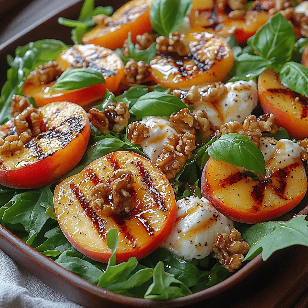 At the heart of this salad lies a harmonious blend of flavors that tantalize the taste buds. The natural sweetness of grilled peaches is enhanced by the caramelization that occurs during grilling, creating a delicious contrast to the creamy, milky texture of burrata cheese. Each bite brings together the juicy fruit with the rich, buttery cheese, complemented by the peppery notes of arugula or mixed greens.