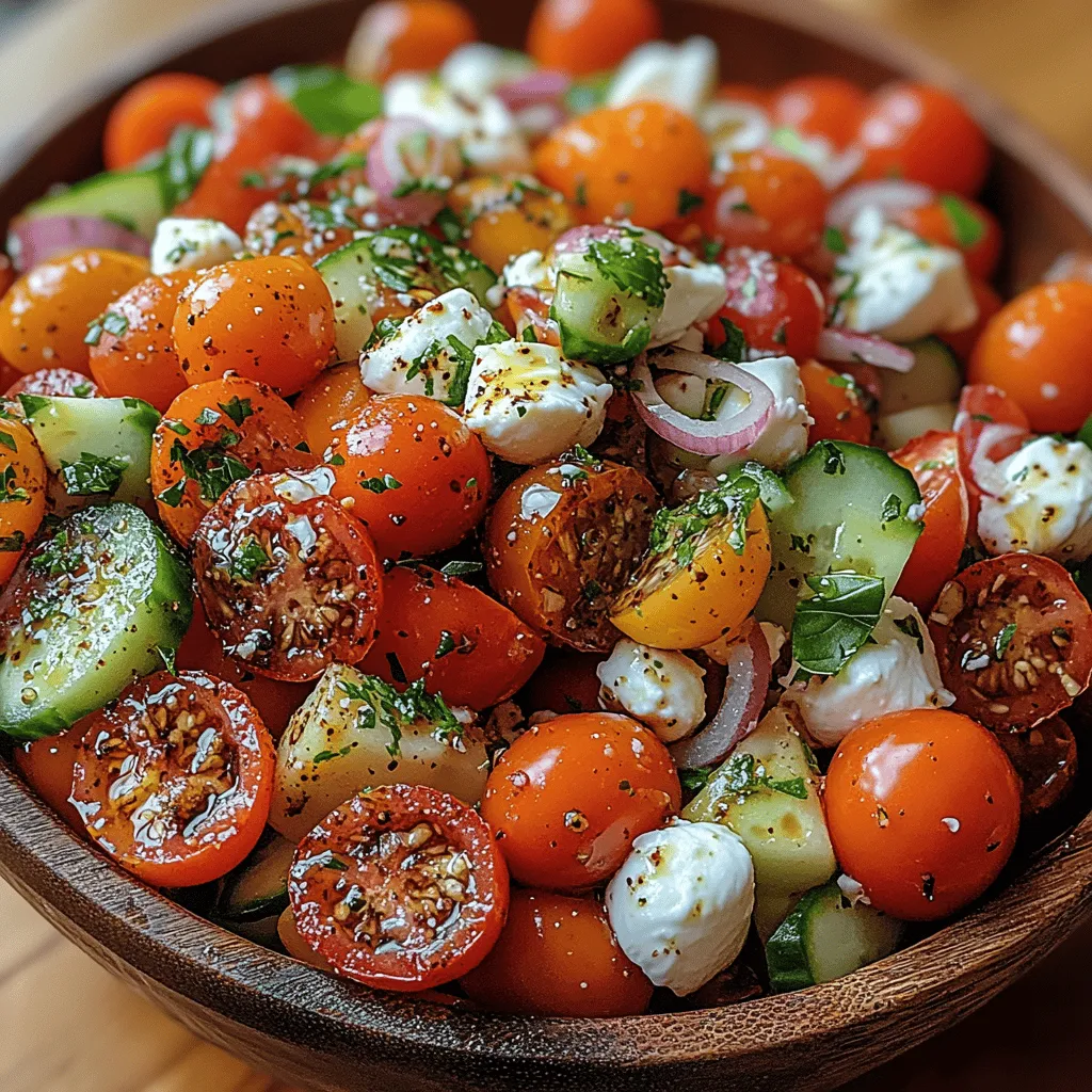 As the days grow longer and the sun shines brighter, fresh summer salads become the culinary stars of the season. There’s something undeniably refreshing about a salad that features the vibrant colors and flavors of summer produce. Among the many options, the <strong>Vibrant Summer Tomato Bliss Salad</strong> stands out as a quintessential dish that captures the essence of warm weather dining. Bursting with freshness, this salad not only tantalizes your taste buds but also provides a refreshing respite from the heat.” /></p>
</p>
<h3>The Role of Cheese in Providing Protein and Calcium</h3>
</p>
<p>Cheese is a delightful addition to the Vibrant Summer Tomato Bliss Salad, elevating both flavor and nutritional value. When selecting cheese for this salad, fresh mozzarella is an excellent choice, as it is not only creamy and flavorful but also rich in protein and calcium. These nutrients are essential for maintaining strong bones and muscle health. The protein in cheese complements the fresh vegetables, making this salad a well-rounded dish that can serve as a light meal or a hearty side.</p>
</p>
<h3>Step-by-Step Preparation Guide</h3>
</p>
<h4>Detailed Instructions on Prepping the Vegetables</h4>
</p>
<p>1. <strong>Tomatoes</strong>: Start by selecting ripe, juicy tomatoes. Look for varieties like heirloom or vine-ripened, which offer vibrant flavors. Wash them gently under cold water to remove any dirt. Cut out the stem area and slice them into wedges or cubes, depending on your preference. If using cherry tomatoes, simply halve them.</p>
</p>
<p>2. <strong>Cucumbers</strong>: Choose firm cucumbers with a smooth skin. Wash them thoroughly, then slice them in half lengthwise. Use a spoon to scoop out the seeds if desired, as this will prevent the salad from becoming watery. Cut the cucumber into half-moons or cubes.</p>
</p>
<p>3. <strong>Red Onion</strong>: Peel the red onion and slice it thinly. Soak the slices in cold water for about 10 minutes to mellow the flavor, then drain and pat dry.</p>
</p>
<p>4. <strong>Herbs</strong>: Fresh basil is a must for this salad. Rinse the leaves gently and pat them dry. Stack a few leaves on top of each other, roll them up tightly, and slice them into thin ribbons (a technique known as chiffonade) for a beautiful presentation.</p>
</p>
<h4>Tips on Selecting Ripe Tomatoes and How to Handle Them</h4>
</p>
<p>When choosing tomatoes, look for ones that are slightly soft to the touch but not mushy. They should have a rich, sweet aroma, especially near the stem. Avoid tomatoes with blemishes or wrinkles. To enhance the flavor, allow your tomatoes to reach room temperature before adding them to the salad, as this brings out their natural sweetness.</p>
</p>
<h4>Instructions for Layering the Ingredients for Optimal Flavor and Presentation</h4>
</p>
<p>To create a visually appealing salad, start with a base of cucumber slices in a large bowl. Layer the tomato pieces on top, followed by the red onion slices. Sprinkle the sliced mozzarella across the top, ensuring that each serving will have an equal amount. Finally, scatter the fresh basil over the salad for a pop of color and flavor. This layered approach not only makes for an attractive presentation but also helps to maintain the individual flavors of each ingredient.</p>
</p>
<h4>Importance of Gentle Mixing to Maintain the Integrity of Mozzarella</h4>
</p>
<p>When mixing the salad, use a gentle hand to avoid breaking apart the delicate mozzarella. Instead of stirring vigorously, use a large spoon to fold the ingredients together. This technique will keep the cheese intact and maintain the overall visual appeal of the dish.</p>
</p>
<h4>Crafting the Dressing with Emphasis on Balancing Flavors</h4>
</p>
<p>To make the dressing, whisk together high-quality extra virgin olive oil, fresh lemon juice, a pinch of salt, and freshly cracked black pepper in a small bowl. The olive oil provides richness, while the lemon juice adds a zesty brightness that complements the tomatoes. For an extra layer of flavor, consider adding a teaspoon of honey or a dash of balsamic vinegar.</p>
</p>
<h4>How to Adjust the Dressing to Personal Taste Preferences</h4>
</p>
<p>Tasting the dressing as you go is crucial. If you prefer a tangier flavor, increase the amount of lemon juice. For a sweeter dressing, add more honey. You can also incorporate minced garlic or Dijon mustard for added depth. Remember, the goal is to create a dressing that enhances the natural flavors of the salad without overpowering them.</p>
</p>
<h3>Serving Suggestions and Pairings</h3>
</p>
<p>The Vibrant Summer Tomato Bliss Salad is incredibly versatile, making it perfect for various occasions. Here are some ideal times to serve this refreshing dish:</p>
</p>
<p>– <strong>Picnics</strong>: Pack the salad in a portable container for a delightful outdoor meal.</p>
<p>– <strong>Barbecues</strong>: Pair it with grilled meats or vegetables for a colorful side dish that balances the smoky flavors of the grill.</p>
<p>– <strong>Casual Dinners</strong>: Serve it alongside a simple pasta dish or as a light meal on its own.</p>
</p>
<h4>Suggestions for Accompanying Dishes</h4>
</p>
<p>To create a complete meal, consider serving the salad with:</p>
</p>
<p>– <strong>Grilled Proteins</strong>: Chicken, shrimp, or fish all pair beautifully with the fresh flavors of the salad.</p>
<p>– <strong>Crusty Bread</strong>: A loaf of freshly baked ciabatta or sourdough is perfect for scooping up the salad.</p>
</p>
<h4>Wine Pairings That Complement the Fresh Flavors of the Salad</h4>
</p>
<p>To enhance your dining experience, pair the salad with a crisp, refreshing white wine. A Sauvignon Blanc or a light Pinot Grigio works well, as their acidity balances the richness of the cheese while highlighting the tomato’s sweetness.</p>
</p>
<h3>Storing and Meal Prep Tips</h3>
</p>
<h4>Best Practices for Storing Leftover Salad</h4>
</p>
<p>If you have leftovers, store the salad in an airtight container in the refrigerator. To prevent the ingredients from becoming soggy, it’s best to keep the dressing separate until you are ready to serve. The salad will stay fresh for up to two days but is best enjoyed within the first 24 hours for optimal texture and flavor.</p>
</p>
<h4>How to Prepare Ingredients in Advance for Easy Assembly</h4>
</p>
<p>For a quick and easy meal during the week, consider prepping your ingredients in advance. Chop the vegetables and cheese a day or two ahead of time and store them in separate containers in the refrigerator. You can also mix the dressing in advance, keeping it in a jar to shake before serving.</p>
</p>
<h4>Recommendations for Enjoying the Salad Over the Next Few Days</h4>
</p>
<p>The Vibrant Summer Tomato Bliss Salad is best enjoyed fresh, but you can still savor it over the next few days by adjusting the ingredients. If you find that the tomatoes or cucumbers have released too much moisture, try adding additional fresh herbs or a sprinkle of nuts for added texture.</p>
</p>
<h3>Conclusion</h3>
</p>
<p>The Vibrant Summer Tomato Bliss Salad is a delightful celebration of summer flavors, showcasing the season’s freshest produce. With its simple yet impactful ingredients, this salad is not only easy to prepare but also a joy to enjoy. Emphasizing the use of seasonal produce encourages a healthier way of eating while bringing a burst of color and flavor to your meals.</p>
</p>
<p>Incorporating this salad into your everyday cooking is a wonderful way to enjoy the bounty of summer. Whether you serve it at a gathering, a casual dinner, or simply as a light lunch, this salad invites everyone to relish the joys of fresh ingredients. So, gather your ripe tomatoes, crunchy cucumbers, and fragrant basil, and treat yourself to this refreshing dish that is as nourishing as it is delicious.</p>
</div>
