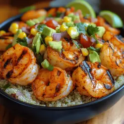 Grilled Shrimp Bowl with Avocado Corn Salsa and Creamy Garlic Sauce
