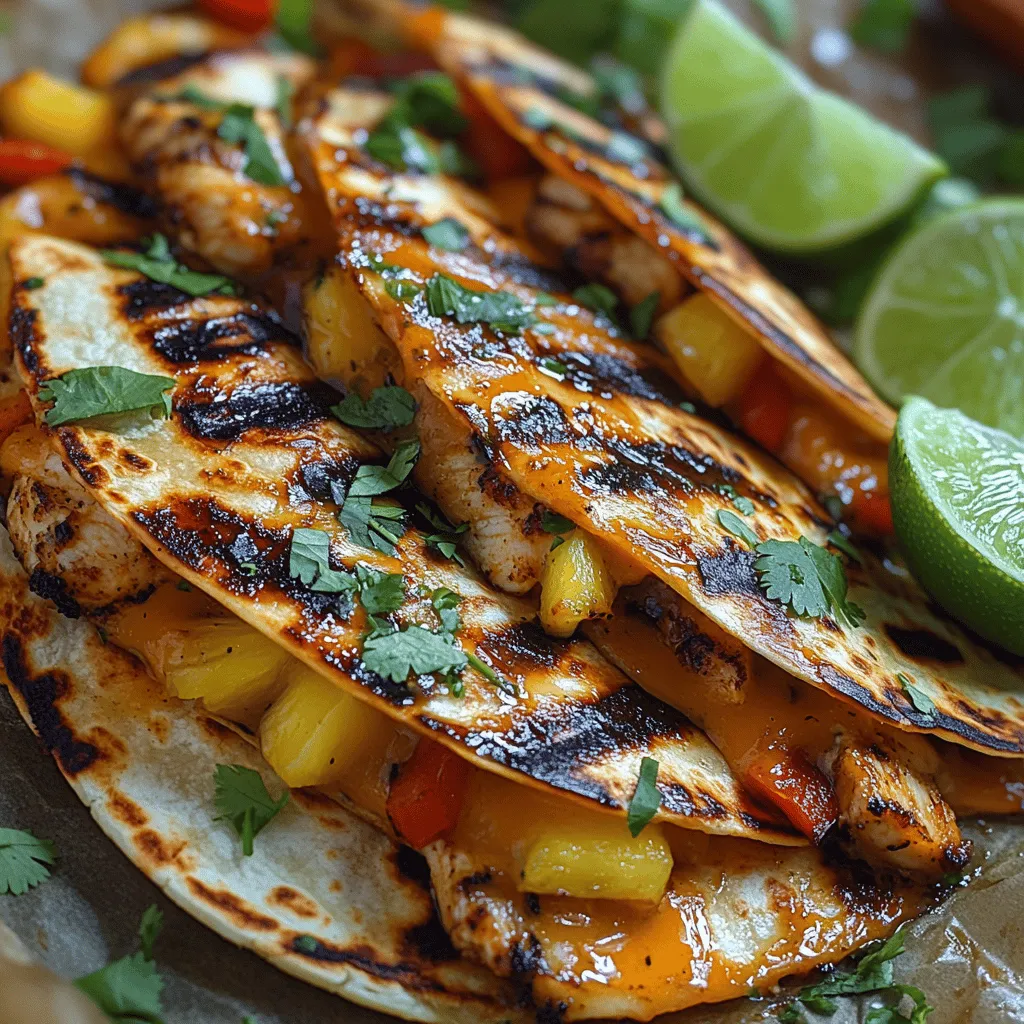 Welcome to the world of vibrant culinary delights with our <strong>Tropical Fiesta Quesadilla</strong>! This delectable dish is not just a meal; it’s an experience that transports your taste buds straight to a sun-kissed paradise. Imagine biting into a warm, crispy quesadilla filled with succulent chicken, juicy pineapple, and a medley of fresh vegetables, all harmonized with the spicy notes of pepper jack cheese. This recipe is perfect for family dinners, casual gatherings with friends, or even a quick lunch when you crave something exciting yet wholesome.” /></p>
</p>
<h3>Grilling the Chicken</h3>
</p>
<p>To create a Tropical Fiesta Quesadilla, the first step is grilling the chicken. This step is crucial, as it not only adds flavor but also provides the protein base for your dish. Begin by preheating your grill to medium-high heat, around 375°F to 400°F, which is ideal for achieving those sought-after grill marks while cooking the chicken thoroughly.</p>
</p>
<p>Season your chicken breasts with salt, pepper, and a splash of lime juice for a zesty kick. Place the chicken on the grill and cook for about 6-8 minutes on one side. Avoid moving the chicken around too much; letting it sit will help develop the grill marks. After 6-8 minutes, flip the chicken and grill for an additional 6-8 minutes on the other side.</p>
</p>
<p>To ensure the chicken is fully cooked, use a meat thermometer and check the internal temperature, which should reach 165°F. Once the chicken is cooked, remove it from the grill and let it rest for at least 5 minutes. This resting period allows the juices to redistribute, ensuring your chicken remains moist and flavorful. After resting, slice the grilled chicken into thin strips for even distribution within the quesadilla.</p>
</p>
<h3>Sautéing the Vegetables</h3>
</p>
<p>While the chicken is resting, it’s time to sauté the vegetables. This step will not only enhance their flavor but also provide a delightful texture that complements the quesadilla. Begin by heating a tablespoon of olive oil in a large skillet over medium heat. Add chopped bell peppers, onions, and some fresh corn, sautéing them for about 5-7 minutes until they become tender yet still retain a bit of crunch.</p>
</p>
<p>For optimal results, ensure you stir the vegetables occasionally to avoid burning. If you’d like to add extra flavor, consider incorporating some minced garlic during the last minute of cooking, allowing it to become fragrant without burning. The goal is to achieve a vibrant, colorful medley that will provide a fresh contrast to the creamy cheese and savory chicken in your quesadilla.</p>
</p>
<h3>Assembling the Quesadilla</h3>
</p>
<p>Now that you have your perfectly grilled chicken and sautéed vegetables, it’s time to assemble the quesadilla. Start by taking a large flour tortilla and laying it flat on a clean surface. Begin layering your ingredients by placing a generous amount of shredded cheese on one half of the tortilla. Cheddar or Monterey Jack works beautifully for this recipe due to their excellent melting properties.</p>
</p>
<p>Next, add the sliced grilled chicken and the sautéed vegetable mixture over the cheese. Don’t be afraid to pile it on, but ensure you leave a little space around the edges of the tortilla to prevent spillage when it’s time to fold and grill. For an extra tropical touch, add some diced pineapple or mango, which will add sweetness and acidity, balancing the savory elements of the dish. Finally, sprinkle a bit more cheese on top before folding the tortilla in half.</p>
</p>
<h3>Grilling the Quesadilla</h3>
</p>
<p>With your quesadilla assembled, it’s time to grill it for that golden-brown crust and melted cheese. Preheat a clean skillet or grill pan to medium heat and lightly grease it with a bit of cooking spray or oil. Carefully place the quesadilla on the skillet and cook for about 3-4 minutes on one side until it turns golden brown. Use a spatula to gently press down on the quesadilla to ensure even cooking and melting.</p>
</p>
<p>After 3-4 minutes, flip the quesadilla carefully and cook for an additional 3-4 minutes on the other side. Keep an eye on it to avoid burning. Once both sides are beautifully browned and the cheese has melted, remove the quesadilla from the skillet and let it sit for a minute before cutting. This resting time allows the cheese to set slightly, making it easier to slice.</p>
</p>
<h3>Serving the Dish</h3>
</p>
<p>Presentation is key when it comes to serving your Tropical Fiesta Quesadilla. Use a sharp knife to cut the quesadilla into wedges, and arrange them on a colorful platter. For a vibrant touch, garnish your dish with fresh cilantro or a sprinkle of lime zest. Consider serving it with a side of creamy avocado dip, salsa, or a refreshing mango salsa to enhance the tropical theme. A simple green salad with a citrus vinaigrette would also make a great accompaniment, balancing the richness of the quesadilla.</p>
</p>
<h3>Nutritional Benefits of Tropical Fiesta Quesadilla</h3>
</p>
<p>The Tropical Fiesta Quesadilla not only delights the taste buds but also provides various nutritional benefits. Let’s break down the nutritional value of the main ingredients:</p>
</p>
<p>– <strong>Grilled Chicken</strong>: A great source of lean protein, chicken breast is low in fat, making it an excellent choice for muscle building and repair.</p>
<p>– <strong>Cheese</strong>: While cheese adds delicious flavor and creaminess, it also provides calcium and essential vitamins. Opting for lower-fat cheese can help reduce calories.</p>
<p>– <strong>Vegetables</strong>: The bell peppers and onions are rich in vitamins A and C, antioxidants, and dietary fiber, promoting good digestion and overall health. The addition of fresh corn introduces even more fiber and nutrients.</p>
<p>– <strong>Tropical Fruits</strong>: Pineapple and mango contain essential vitamins, particularly vitamin C, and antioxidants. They also add natural sweetness, reducing the need for added sugars.</p>
</p>
<p>This quesadilla is well-balanced, combining protein, healthy fats from the cheese, and carbohydrates from the tortilla, making it a satisfying meal option. For those with dietary preferences or restrictions, this recipe is easily customizable. You can substitute the chicken with black beans or grilled vegetables for a vegetarian option, and you can also use whole wheat tortillas for added fiber.</p>
</p>
<h3>Cultural Significance of Ingredients Used</h3>
</p>
<p>Quesadillas have deep cultural roots in Mexican cuisine, celebrating the simplicity and vibrancy of their ingredients. Traditionally made with corn tortillas, quesadillas have evolved to include various fillings and styles. In different regions of Mexico, you’ll find variations that highlight local ingredients, making every quesadilla unique.</p>
</p>
<p>The tropical fruits used in this recipe symbolize freshness and vibrancy, often associated with warm climates and lively gatherings. Fruits like pineapple and mango have a significant place in many cultural cuisines, representing not only flavor but also the joy of sharing and togetherness. Dishes like the Tropical Fiesta Quesadilla are perfect for celebrations and gatherings, encouraging communal dining where everyone can enjoy the flavors of the tropics.</p>
</p>
<h3>Conclusion</h3>
</p>
<p>The Tropical Fiesta Quesadilla is a celebration of flavors, textures, and colors that brings the taste of the tropics to your kitchen. From the perfectly grilled chicken and sautéed vegetables to the melty cheese and vibrant fruits, every bite is a delightful experience. This recipe encourages creativity and personalization, allowing you to experiment with different fillings and flavors while retaining the essence of the dish.</p>
</p>
<p>Preparing and sharing this quesadilla with friends and family will undoubtedly create joyful memories, as food often does. So gather your ingredients, fire up the grill, and embark on a culinary adventure that promises to satisfy and impress. Enjoy crafting your version of the Tropical Fiesta Quesadilla, and let the burst of tropical flavors transport you to a sun-soaked paradise!</p>
</div>