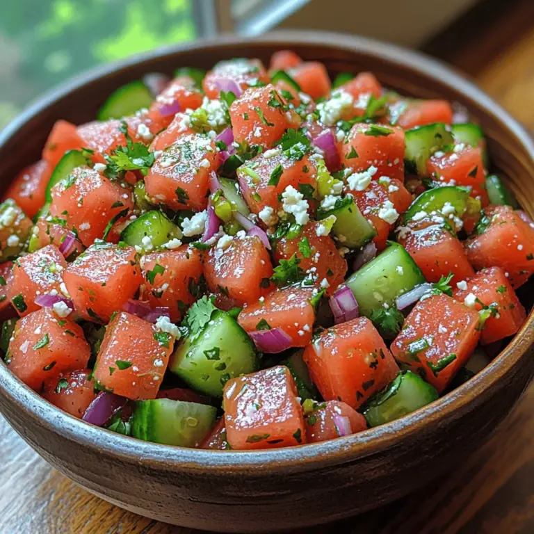 As the sun shines brighter and the temperature rises, the craving for light, refreshing dishes intensifies. Enter the "Fiery Watermelon Delight," a salad that tantalizes your taste buds with its unique blend of sweet and spicy flavors. This vibrant dish offers a delightful combination of juicy watermelon, crisp cucumber, and a kick of jalapeño, making it an ideal accompaniment for summer barbecues, outdoor picnics, or simply as a light lunch. With its colorful presentation and delightful flavors, this salad is bound to steal the spotlight at any gathering.