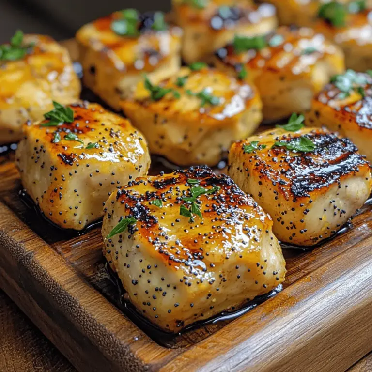 Grilled Lemon Poppy Chicken Bites are a delightful fusion of bright, refreshing flavors and succulent chicken that are sure to impress at any gathering. This dish is not only visually appealing with its vibrant yellow hues and speckles of poppy seeds, but it also boasts a medley of flavors that dance on the palate. The zesty lemon pairs beautifully with the tender chicken, creating a dish that is both satisfying and light. Whether you're serving it at a family barbecue, packing it for a picnic, or enjoying a casual dinner at home, these chicken bites are versatile enough to fit any occasion.