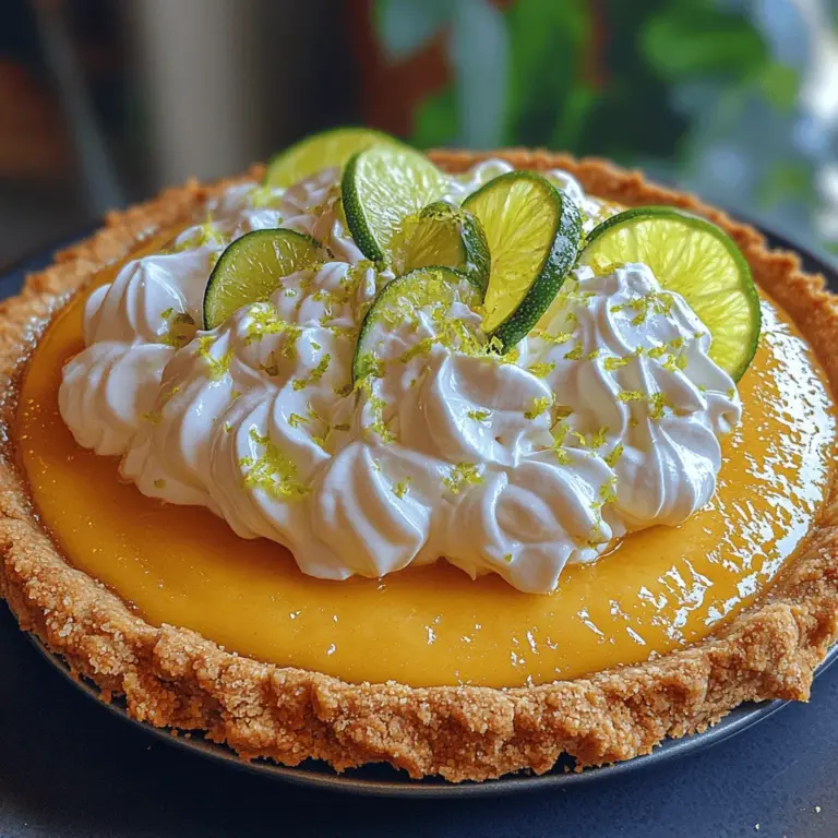 Key Lime Pie is a dessert that evokes images of sun-soaked beaches and vibrant summer gatherings. With its perfect balance of sweet and tart flavors, this beloved dish has earned its spot as a staple in many households, especially in warmer climates where the heat calls for something refreshing. The pie's luscious filling, made from the uniquely tangy key limes, is encased in a buttery, crumbly graham cracker crust, creating a delightful contrast that makes every bite a celebration of flavor. Whether served at a summer barbecue, a holiday feast, or simply as a comforting treat after a long day, Zesty Sunshine Key Lime Pie is sure to brighten up any occasion.