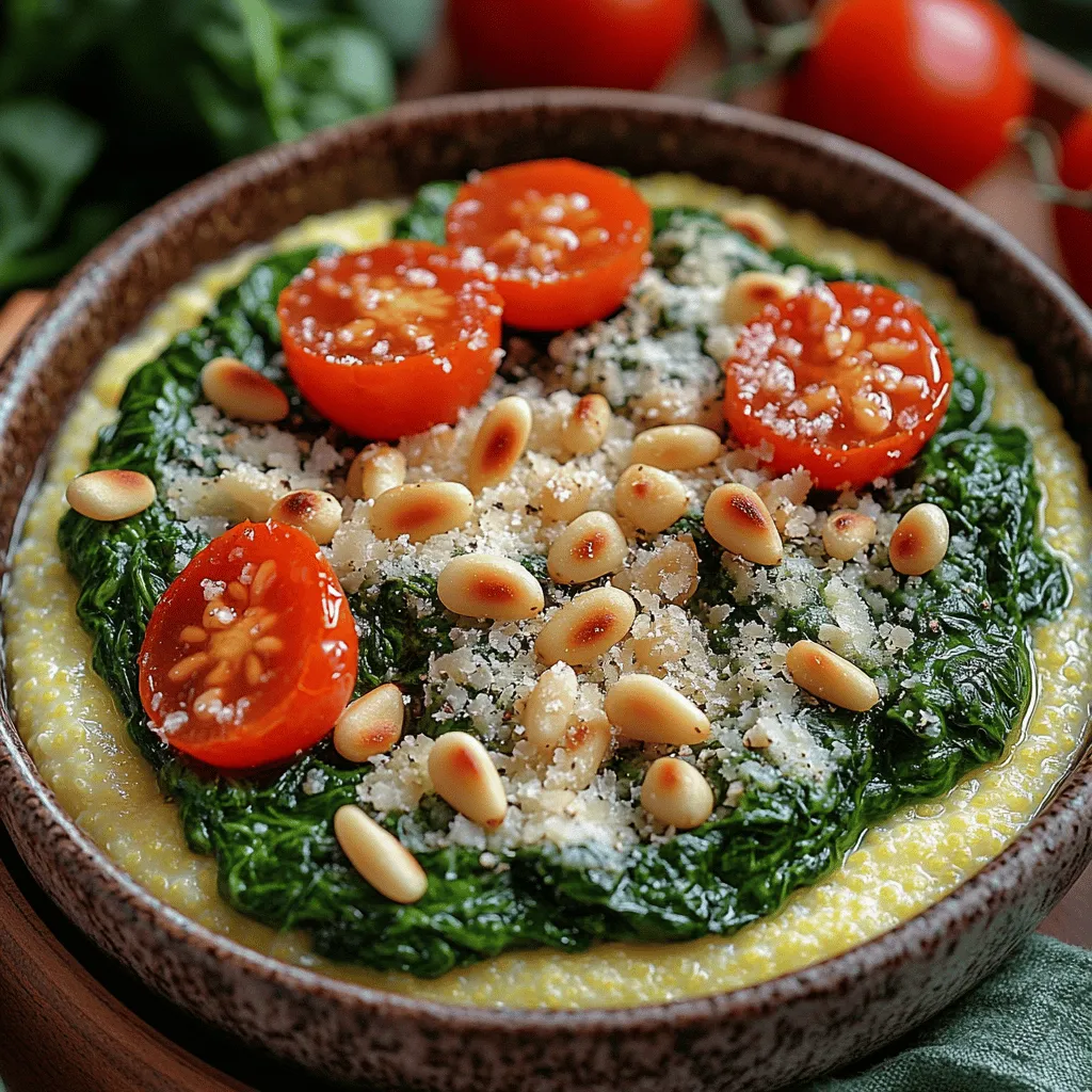Polenta, a dish made from ground cornmeal, has been a staple in Italian cuisine for centuries. Its creamy texture and mild flavor make it a versatile base for a variety of toppings, inspiring chefs and home cooks to experiment with it in countless ways. Among the many delightful creations that feature polenta, <strong>Creamy Spinach Polenta Bowls</strong> stand out as a nourishing and comforting meal suitable for any occasion. This dish embraces the essence of comfort food, combining the rich creaminess of polenta with the vibrant flavors of sautéed spinach, resulting in a dish that is not only satisfying but also visually appealing.” /></p>
</p>
<h3>Sautéing the Spinach: Enhancing Flavor</h3>
</p>
<p>To create a truly flavorful Creamy Spinach Polenta Bowl, the sautéing process is key. Begin by heating a tablespoon of olive oil in a large skillet over medium heat. Once the oil shimmers, add in fresh, washed spinach. The goal here is to wilt the spinach gently; this ensures that it retains its vibrant green color and nutritional benefits while also enhancing its flavor profile.</p>
</p>
<p><strong>The Role of Garlic in Flavor Development</strong></p>
</p>
<p>Garlic plays a pivotal role in amplifying the earthy taste of spinach. For this recipe, finely chop or mince 2-3 cloves of garlic and add them to the skillet just after the spinach begins to wilt. Sautéing garlic until it is fragrant, usually about 30 seconds, will infuse your dish with a rich, aromatic essence. Be careful not to burn the garlic, as this can introduce a bitter taste to your dish.</p>
</p>
<p><strong>Cooking Time for Optimal Texture of Spinach</strong></p>
</p>
<p>When it comes to cooking spinach, less is often more. Ideally, you want to sauté the spinach for about 2-3 minutes until it is just wilted. Overcooking can turn the spinach mushy and dull in color, affecting both texture and appeal. The key is to keep it bright and vibrant, which will contribute to the overall aesthetic of your Creamy Spinach Polenta Bowls.</p>
</p>
<h3>Making it Creamy: Combining Flavors</h3>
</p>
<p>Once your spinach has been sautéed to perfection, it’s time to transform it into a creamy, luscious sauce that will elevate your polenta.</p>
</p>
<p><strong>Techniques for Incorporating Cream and Cheese for Creaminess</strong></p>
</p>
<p>To achieve that creamy consistency, start by reducing the heat to low. Add in 1 cup of heavy cream or a plant-based cream alternative if you prefer a vegan option. Stir the mixture gently to combine, allowing the cream to envelop the spinach. For an added layer of flavor, incorporate 1/2 cup of grated Parmesan cheese or a vegan cheese substitute, stirring until melted and fully incorporated. The cheese will not only enhance the creaminess but will also add a delightful umami flavor that complements the spinach beautifully.</p>
</p>
<p>It is essential to taste your creamy mixture at this stage. Adjust the seasoning with salt and freshly cracked black pepper, keeping in mind that cheese can be salty, so start with a small amount and build up as needed.</p>
</p>
<p><strong>Adjusting Seasoning for Personal Preference</strong></p>
</p>
<p>Seasoning is key to a well-rounded dish. Consider adding a splash of freshly squeezed lemon juice or a pinch of nutmeg to elevate the flavors further. Lemon juice will brighten the dish, while nutmeg adds a warm, aromatic note that pairs wonderfully with spinach. Experiment and adjust the seasonings to suit your taste preferences.</p>
</p>
<h3>Assembling Your Bowls</h3>
</p>
<p>Now that you have prepared your creamy spinach mixture, it’s time to assemble your bowls for a beautiful presentation.</p>
</p>
<p><strong>Presentation Tips for Serving</strong></p>
</p>
<p>Start by spooning a generous helping of creamy polenta into a deep bowl. The polenta should be creamy itself, made by cooking it with vegetable broth or water and stirring in a bit of butter or olive oil for richness. The polenta acts as a comforting base that complements the savory spinach topping.</p>
</p>
<p>Next, ladle the sautéed spinach and creamy mixture over the polenta, ensuring that it covers the polenta generously. The contrast of creamy white polenta and vibrant green spinach will create an enticing visual appeal that invites everyone to dig in.</p>
</p>
<p><strong>Importance of Garnishes Like Cherry Tomatoes, Toasted Pine Nuts, and Microgreens</strong></p>
</p>
<p>To add a pop of color and texture, consider garnishing your bowls with halved cherry tomatoes, which provide a fresh burst of flavor and a lovely visual contrast. Toasted pine nuts can be sprinkled on top for a delightful crunch and nutty flavor. Finally, a few microgreens or fresh herbs can elevate the dish, adding freshness and a gourmet touch.</p>
</p>
<h3>Suggestions for Customizing Bowls Based on Personal Taste</h3>
</p>
<p>The beauty of Creamy Spinach Polenta Bowls lies in their versatility. Feel free to customize your bowl to suit your preferences. Add in roasted vegetables, chickpeas, or even a poached egg for added protein and flavor. Mixing in different herbs like basil or dill can also provide a unique twist to this dish.</p>
</p>
<h3>Nutritional Information</h3>
</p>
<p>Understanding the nutritional value of your dish can enhance your cooking experience and assist in meal planning.</p>
</p>
<p><strong>Breakdown of Calories and Macronutrients per Serving</strong></p>
</p>
<p>A typical serving of Creamy Spinach Polenta Bowls contains approximately 400-500 calories, depending on the exact ingredients used. The macronutrient breakdown is generally as follows:</p>
</p>
<p>– <strong>Carbohydrates</strong>: 60g (from polenta and vegetables)</p>
<p>– <strong>Protein</strong>: 12g (from cheese and spinach)</p>
<p>– <strong>Fat</strong>: 20g (from cream and olive oil)</p>
</p>
<p><strong>Health Benefits of the Ingredients Used</strong></p>
</p>
<p>This dish is rich in vitamins and minerals. Spinach is a powerhouse of nutrients, providing a good source of iron, calcium, and vitamins A, C, and K. The use of whole grains in polenta contributes fiber, which aids in digestion and promotes a feeling of fullness.</p>
</p>
<p><strong>Comparisons Between Traditional and Vegan Versions</strong></p>
</p>
<p>In a traditional version, the use of heavy cream and cheese adds richness, while in the vegan version, alternatives like coconut cream or cashew cheese can create a similarly delicious experience without dairy. Both versions are packed with nutrients and flavor, making them suitable for various dietary preferences.</p>
</p>
<h3>Variations and Customizations</h3>
</p>
<p>One of the best aspects of Creamy Spinach Polenta Bowls is their adaptability.</p>
</p>
<p><strong>Ideas for Adding Protein: Beans, Chicken, or Tofu</strong></p>
</p>
<p>For those looking to boost the protein content of their bowl, consider adding cooked beans, grilled chicken, or sautéed tofu. Beans, such as chickpeas or black beans, can complement the dish’s flavors seamlessly while providing an excellent source of plant-based protein. If you prefer meat, grilled chicken adds a savory element that pairs nicely with the creamy spinach.</p>
</p>
<p><strong>Seasonal Variations: Incorporating Different Vegetables</strong></p>
</p>
<p>Feel free to adjust the vegetable profile based on what’s in season. In the fall, adding roasted butternut squash or Brussels sprouts can offer a sweet and earthy flavor that complements the spinach. In the summer, fresh zucchini or bell peppers can add brightness and crunch.</p>
</p>
<p><strong>Exploring Different Cheese Options or Substitutes for Diverse Flavors</strong></p>
</p>
<p>Experimenting with different cheeses can also provide unique flavor profiles. Try using feta cheese for a tangy kick or goat cheese for creaminess. Vegan cheese options made from nuts or soy can also be delightful, offering similar textures and flavors without dairy.</p>
</p>
<h3>Conclusion</h3>
</p>
<p>Creamy Spinach Polenta Bowls are not just a meal; they are a comforting experience that brings warmth and satisfaction to the table. The combination of creamy polenta and sautéed spinach creates a harmonious blend of flavors and textures that is hard to resist.</p>
</p>
<p>As you explore this recipe, don’t hesitate to make it your own. Whether you stick with the original ingredients or venture into exciting variations, these bowls are sure to become a beloved staple in your kitchen. They are suitable for various dietary preferences, making them a versatile option for any occasion—whether it’s a cozy weeknight dinner or a gathering with friends. Enjoy the journey of creating and savoring your Creamy Spinach Polenta Bowls!</p>
</div>