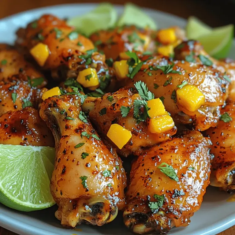 To achieve the perfect texture for your Fiery Mango Habanero Wings, preheat your oven to 425°F (220°C). This high temperature is essential for rendering the fat from the wings while simultaneously crisping the skin. Arrange the wings in a single layer on a baking sheet lined with parchment paper to prevent sticking and for easy cleanup. Bake the wings for about 40-45 minutes, flipping them halfway through to ensure even cooking. The wings should be golden brown and crispy when done.