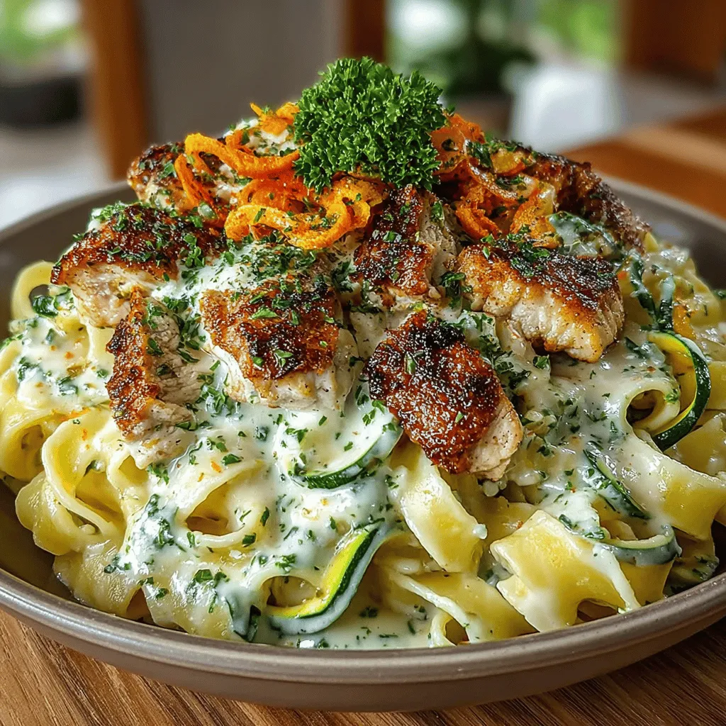 When it comes to comfort food, few dishes can rival the rich, creamy goodness of Alfredo pasta. Combining the savory flavors of chicken with the fresh, vibrant crunch of zucchini, our Creamy Chicken & Zucchini Alfredo Delight is a dish that not only satisfies your cravings but also brings a touch of nutrition to your dinner table. With its luscious Alfredo sauce enveloping perfectly cooked fettuccine, this meal is as pleasing to the eyes as it is to the palate. Whether you're preparing a weeknight dinner or hosting a special gathering, this recipe is designed to impress without overwhelming you in the kitchen.