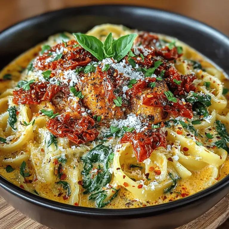 When it comes to comforting yet nutritious meals, the Vibrant Spinach & Sun-Dried Tomato Pasta stands out as a colorful and flavorful option that is sure to delight the senses. This dish beautifully balances the earthiness of fresh spinach with the sweet, tangy notes of sun-dried tomatoes, creating a pasta experience that is both satisfying and health-conscious. With its rich yet light sauce and a medley of textures, this pasta is perfect for weeknight dinners, yet elegant enough to serve at special occasions, making it a versatile addition to any home cook's repertoire.